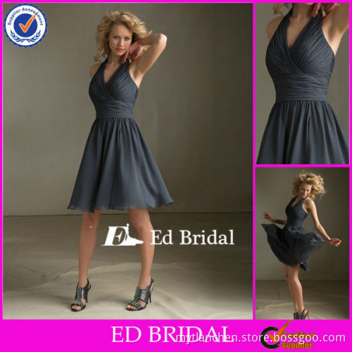 CB40 Halter Neck Pleated Chiffon Short Bridesmaid Dress Grey